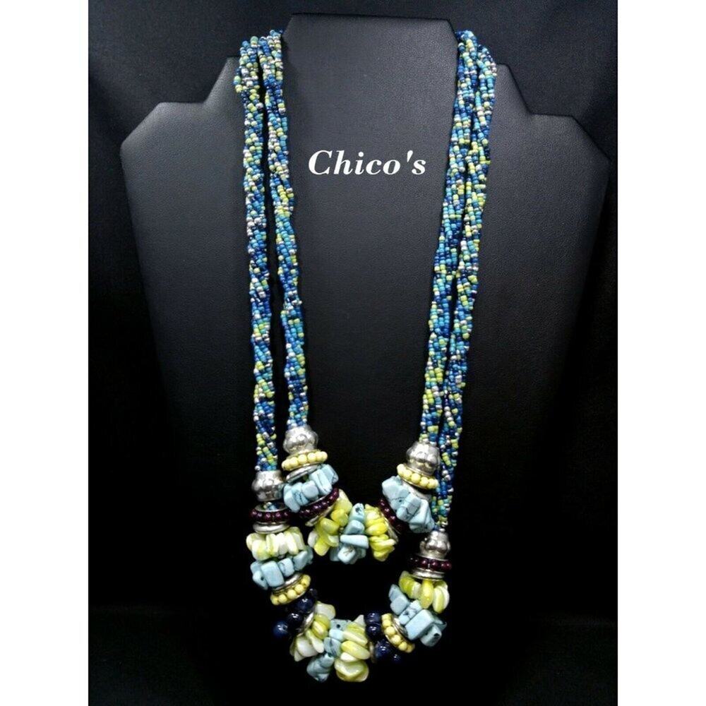 Chico's Blue Green Seed Bead Gemstone MOP Two Strand Necklace, 25 Inches